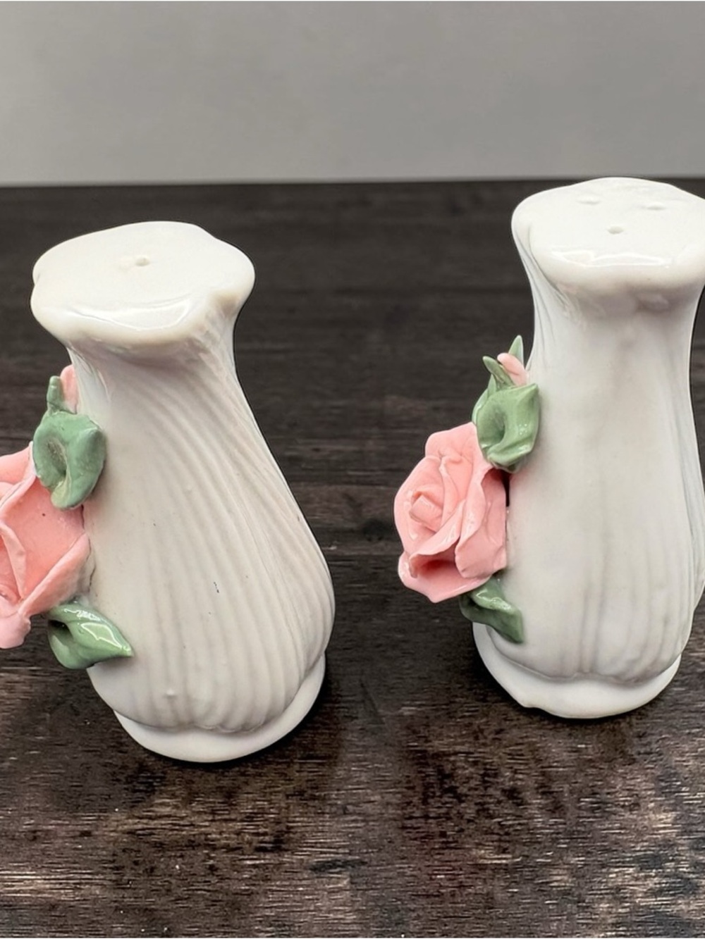 Vintage Porcelain White Salt & Pepper Shakers w/ Molded Pink Rose & Green Leaves - Picture 6 of 12